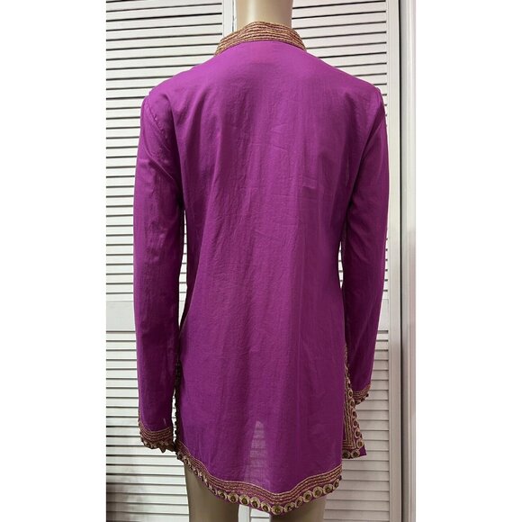 Tory Burch Women Top Tunic Blouse Size 6 Magenta Gold Embroidery Long Sleeves - Picture 7 of 16